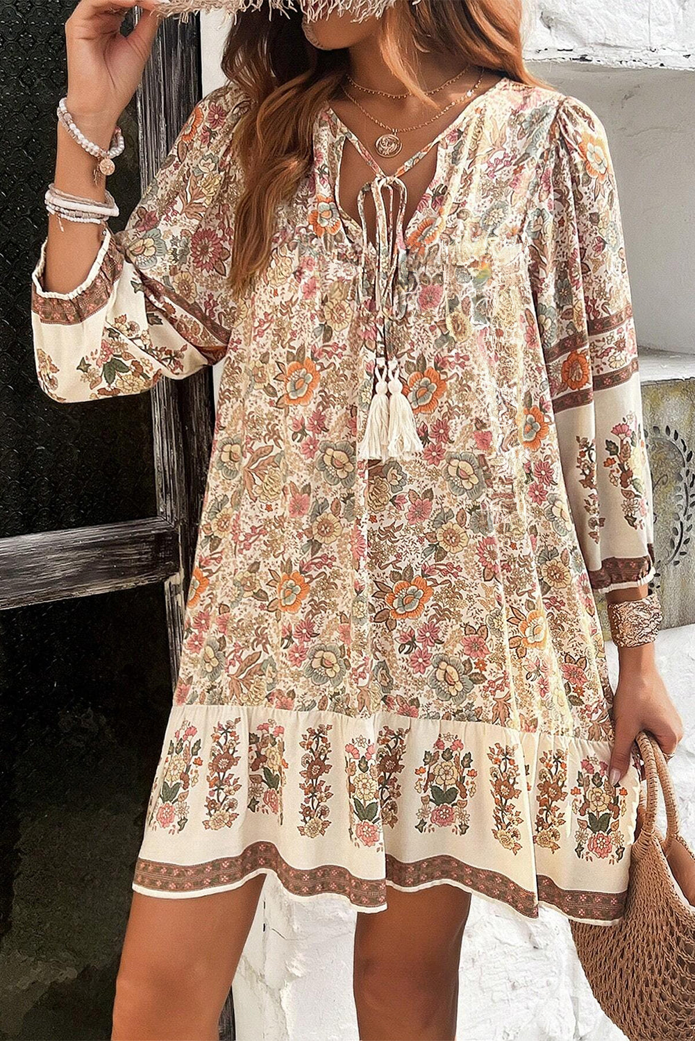chinese dress ladies Apricot Floral Print Tassel Drawstring V Neck Loose Mini Dress – VidaWear  Custom Apparel & More