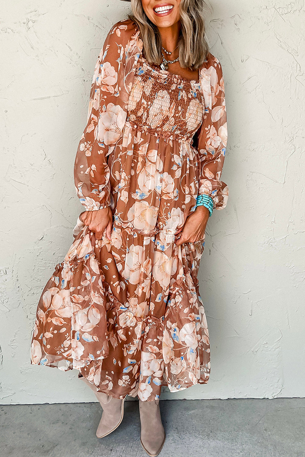 Brown Floral Print Shirred Square Neck High Waist Maxi Dress VidaWear Custom Apparel & More Brown Floral Print Shirred Square Neck High Waist Maxi Dress VidaWear Custom Apparel & More