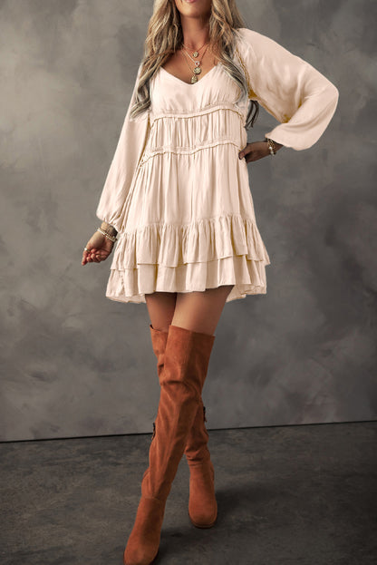 Apricot Tiered Ruffled Puff Sleeve Loose Fit Mini Dress