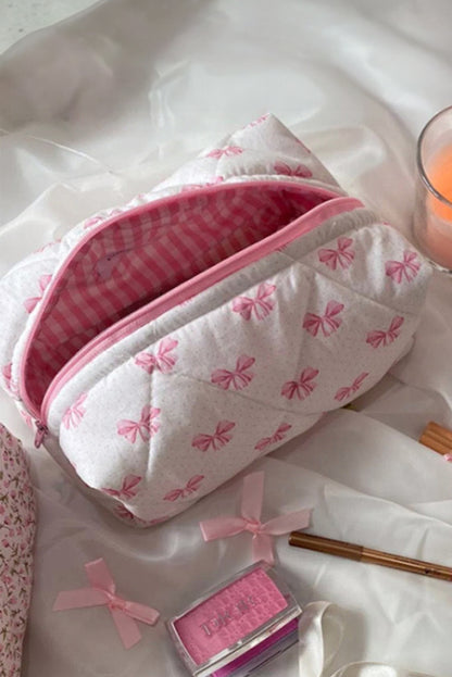 Pink Bow Knot Quilted Zipper Makeup Bag