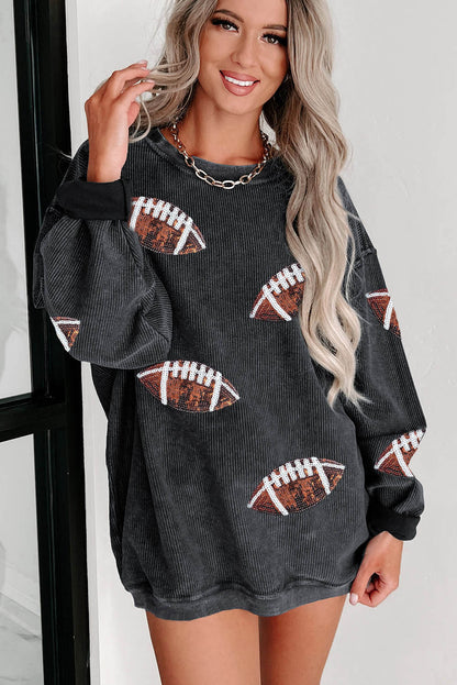 Gray Sequin Rugby Graphic Corded Baggy Sweatshirt