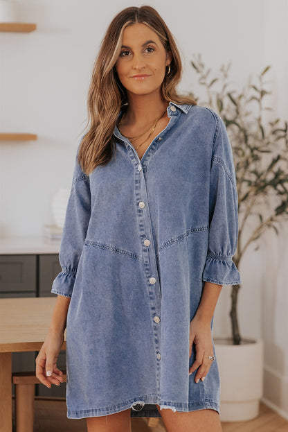 Sky Blue Buttoned Long Sleeve Denim Mini Dress