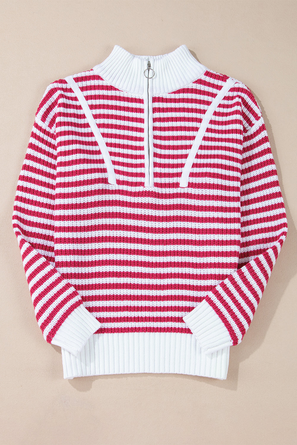 Pink Stripe Zip up Collar Drop Shoulder Sweater