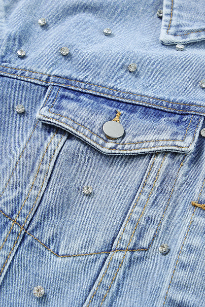 Mist Blue Rhinestones Studded Denim Jacket