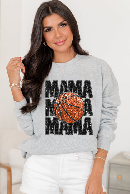 Gray Sequins MAMA Basketball Graphic Pullover Sweatshirt