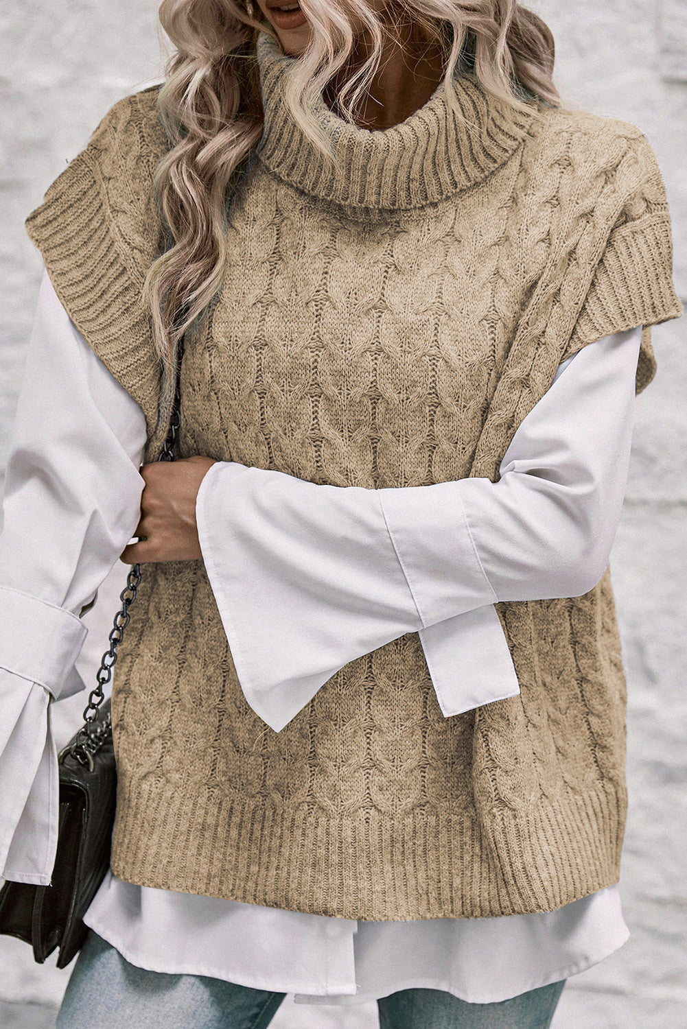 Light French Beige Cable Knit Turtleneck Batwing Sleeve Sweater