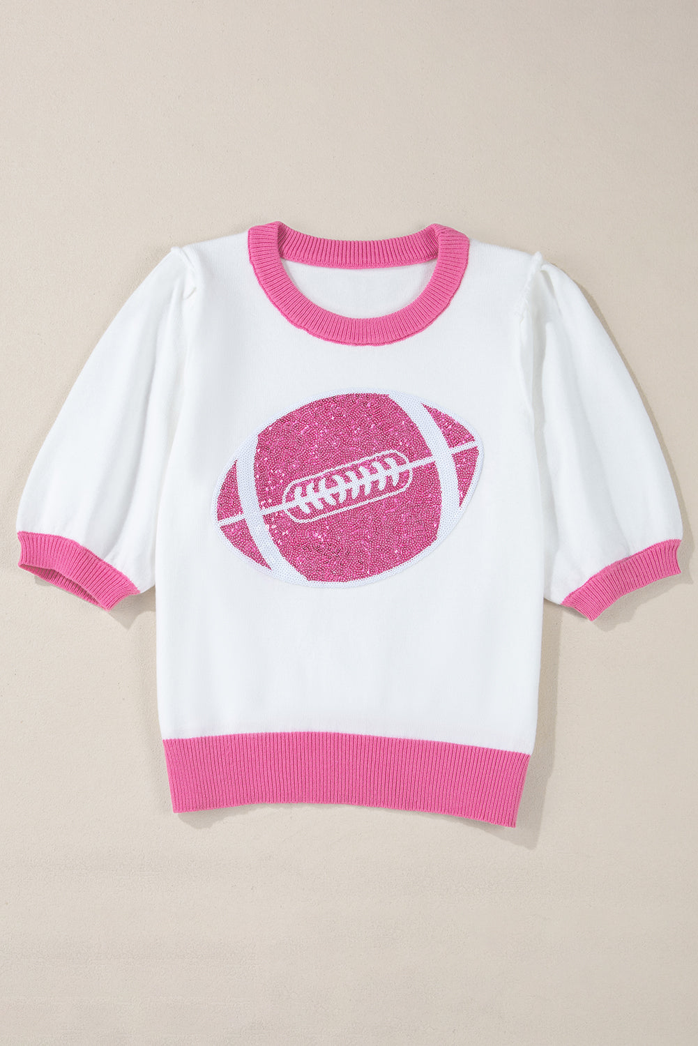 Purple Sequin Rugby Color Block Puff Sleeve Knit Top