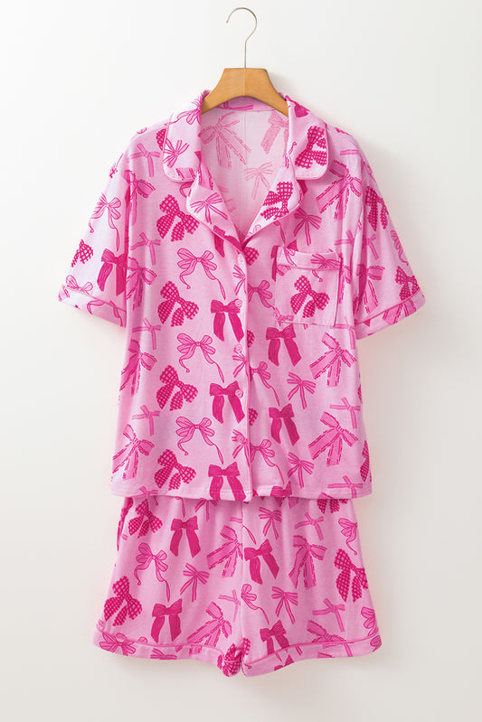 Pink Bow Print Half Sleeve Shirt and Shorts Pajamas Set