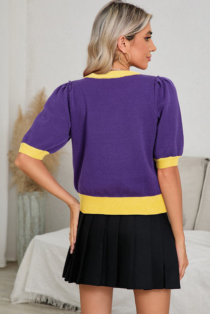 Purple Sequin Rugby Color Block Puff Sleeve Knit Top