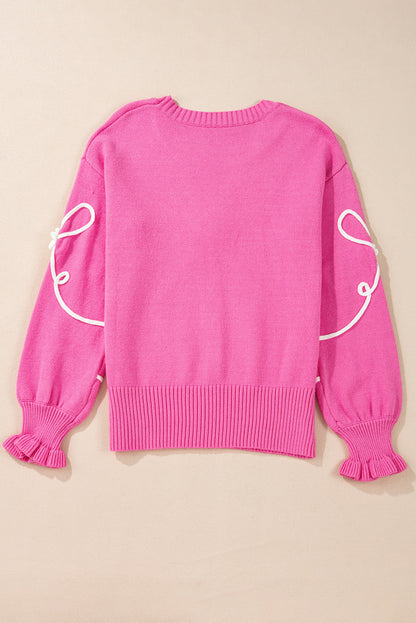 Bright Pink Corded Flower Bow Ribbed Trim Casual Sweater