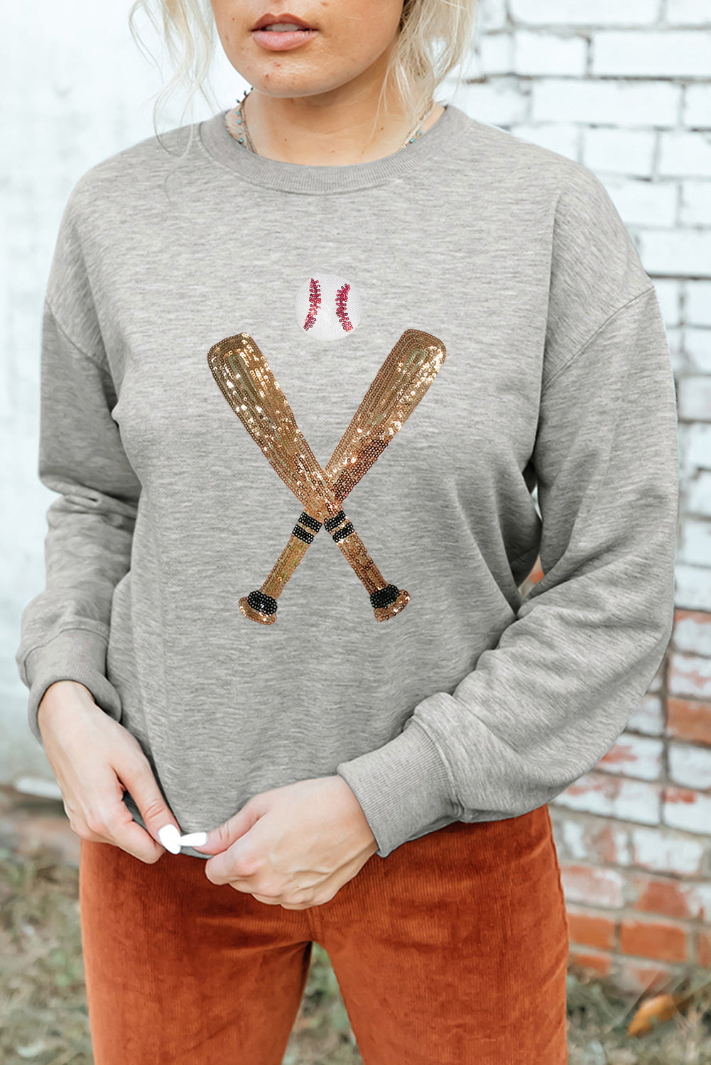 Gray Sequin Baseball Graphic Crewneck Game Day Sweatshirt