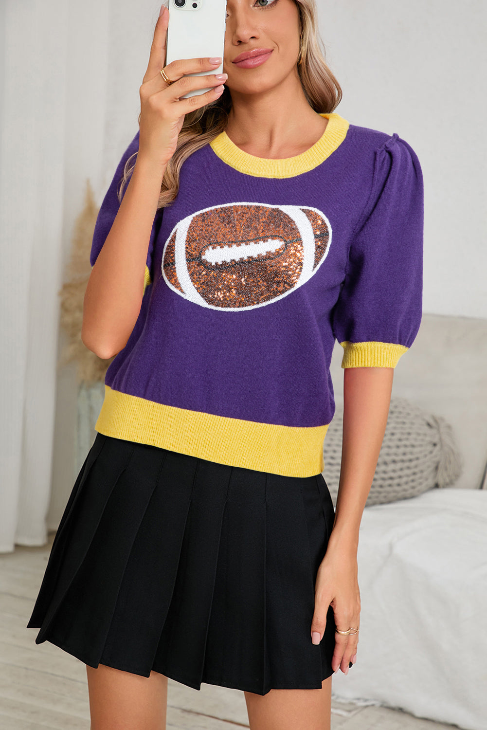 Purple Sequin Rugby Color Block Puff Sleeve Knit Top