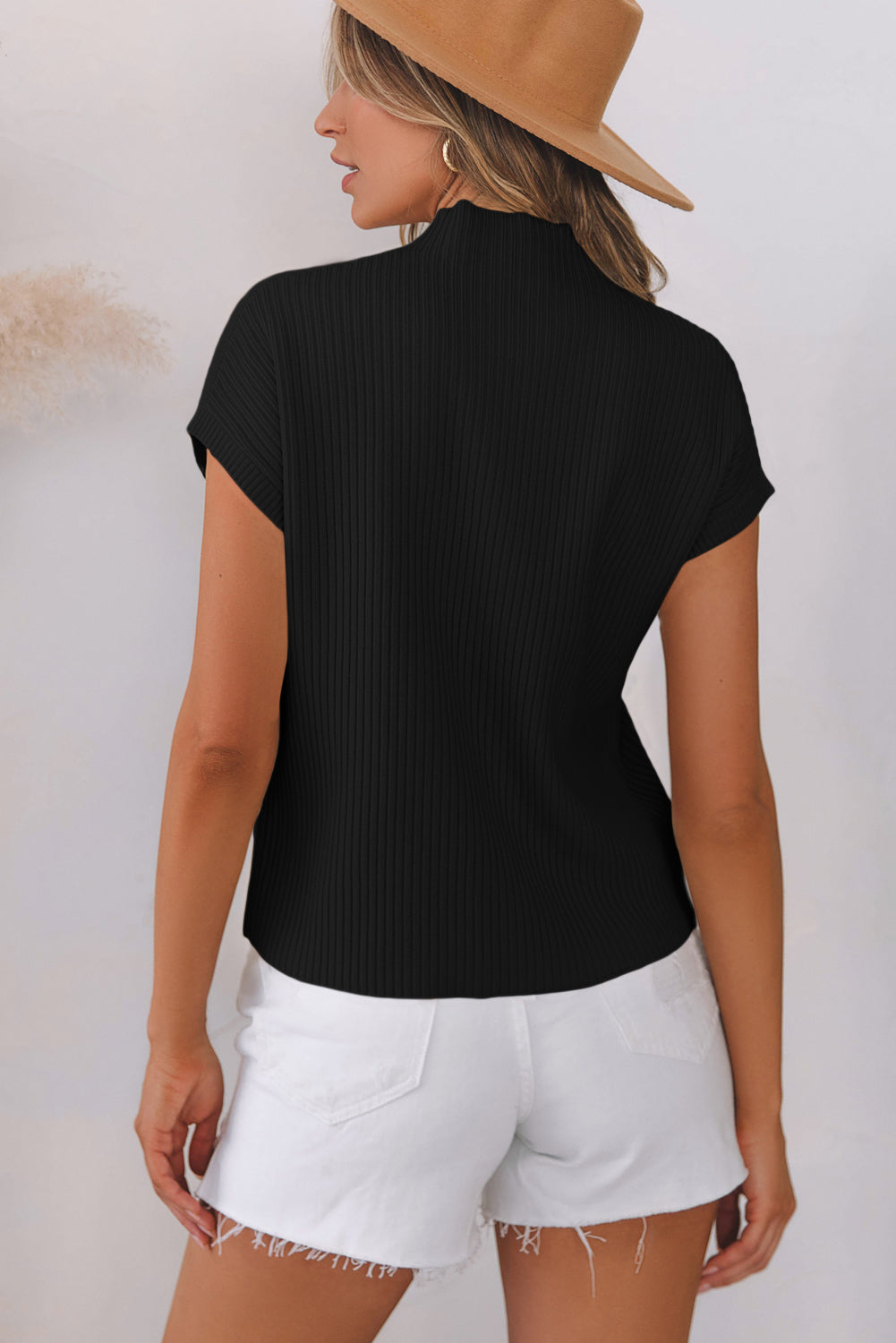 Black Patch Pocket Ribbed Knit Short Sleeve Sweater