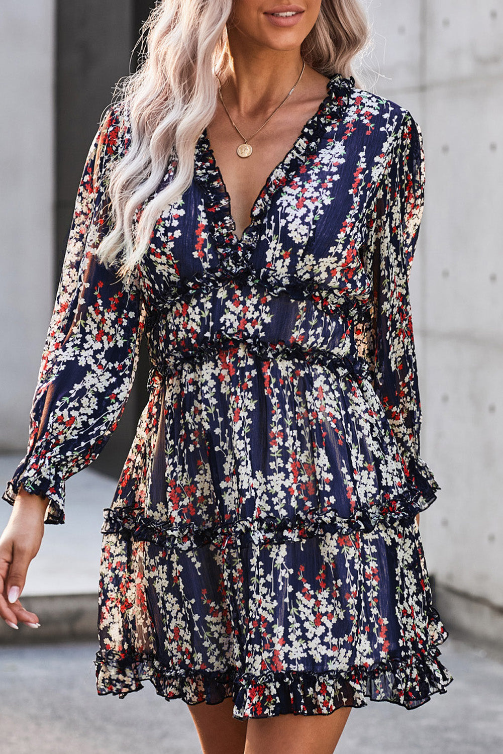 Blue Ruffle Detailing Open Back Floral Dress