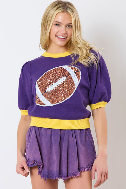 Purple Sequin Rugby Color Block Puff Sleeve Knit Top