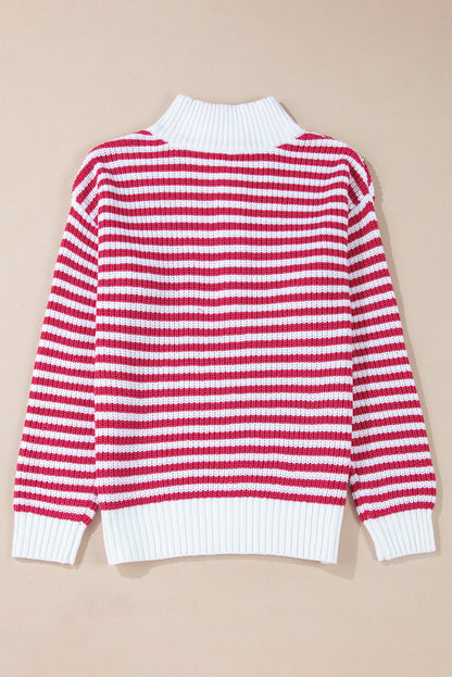 Pink Stripe Zip up Collar Drop Shoulder Sweater