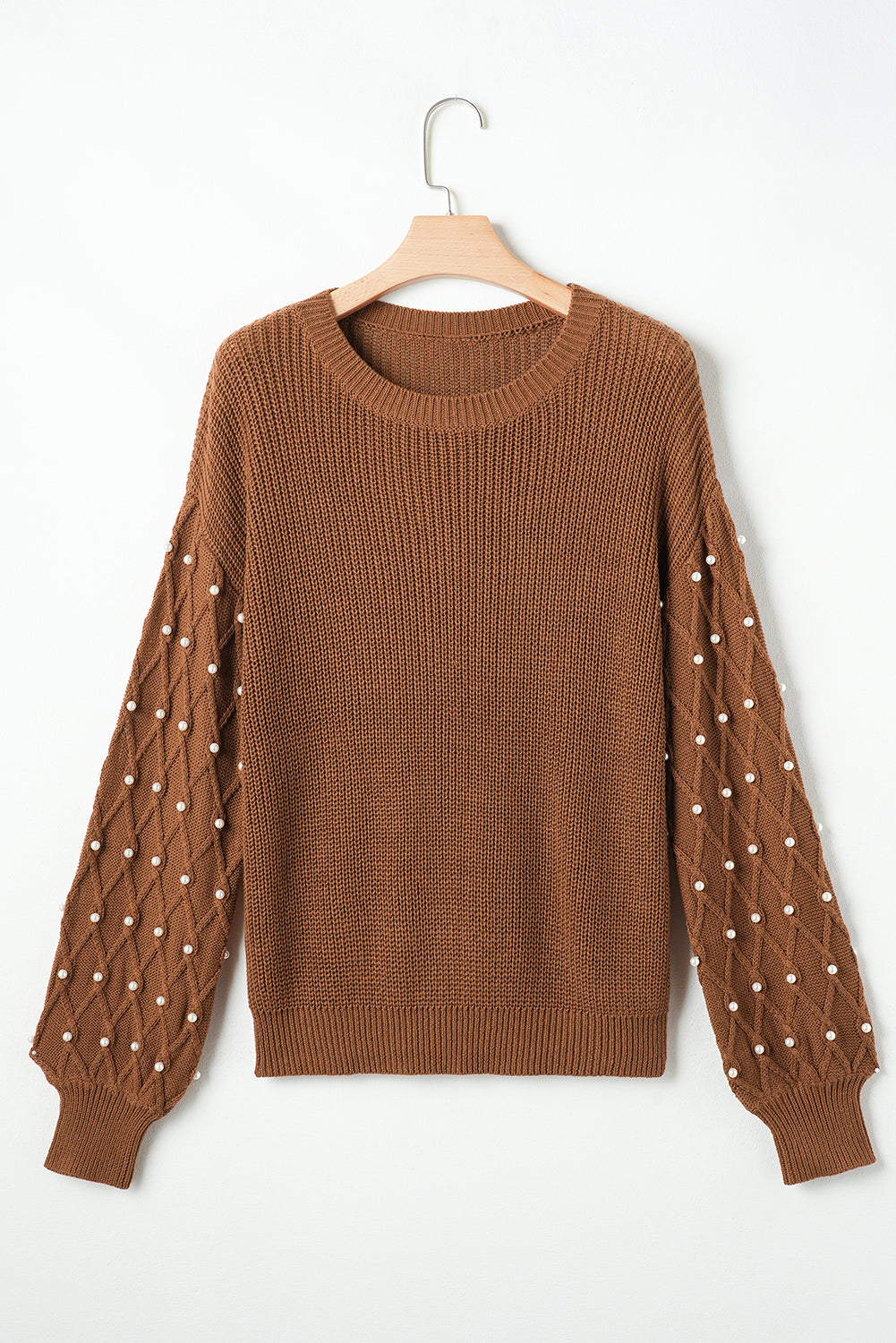 Chestnut Beaded Drop Shoulder Round Neck Sweater