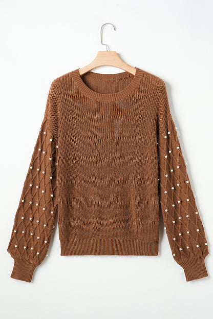 Chestnut Beaded Drop Shoulder Round Neck Sweater