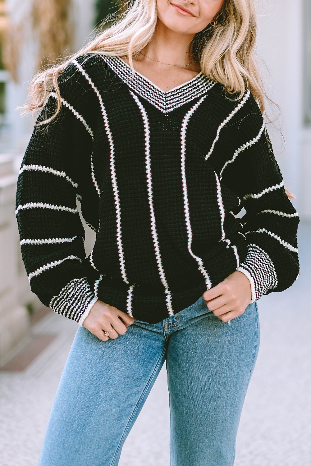 Black Colorblock Striped V Neck Knitted Loose Sweater