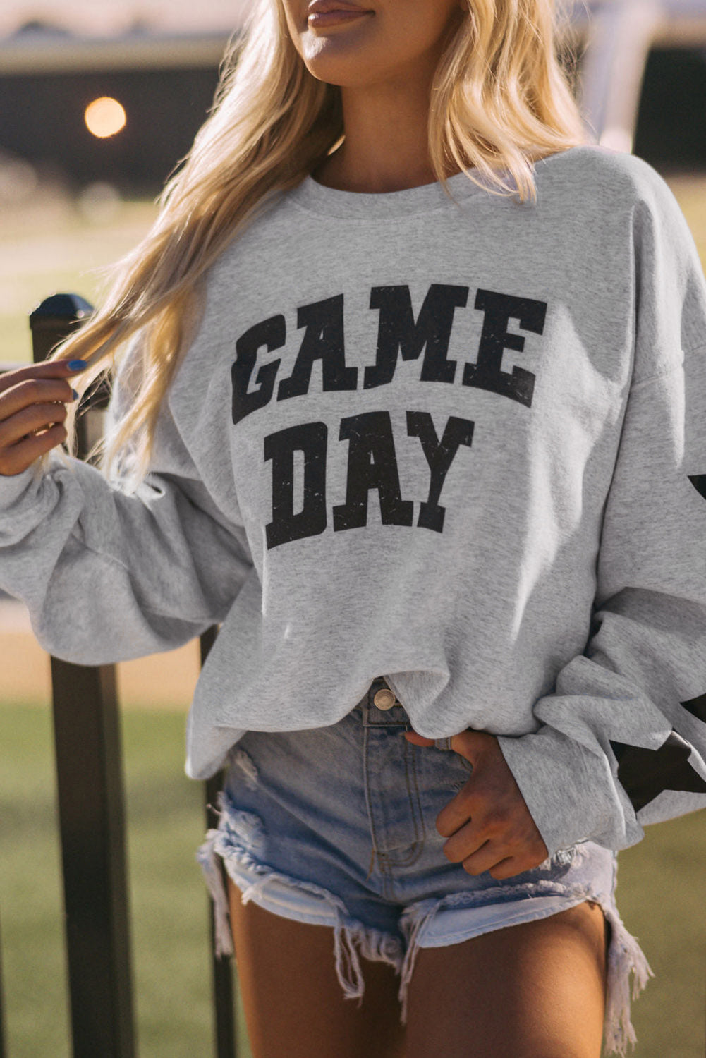 Black Lettering Game Day Print Star Sleeve Sweatshirt