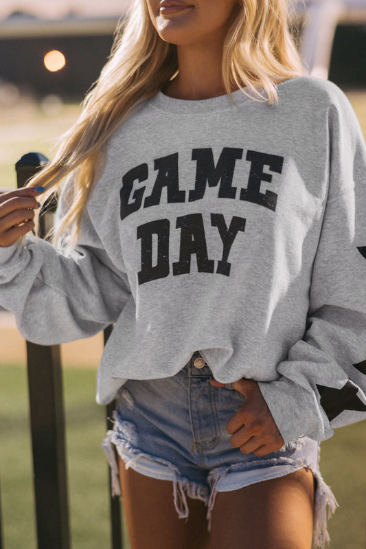 Black Lettering Game Day Print Star Sleeve Sweatshirt