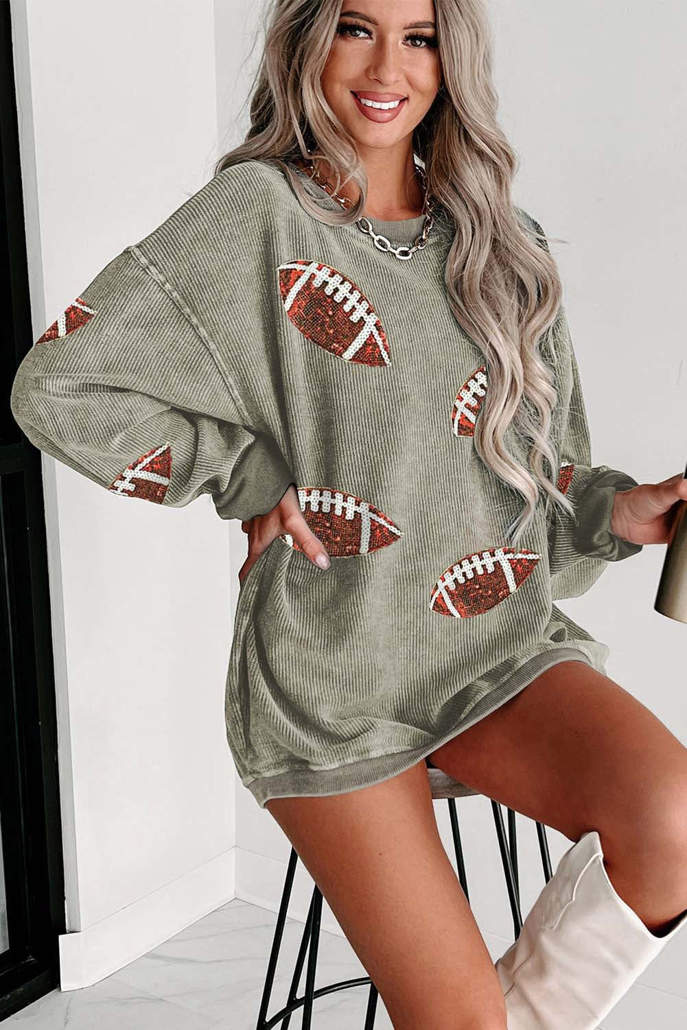 Gray Sequin Rugby Graphic Corded Baggy Sweatshirt