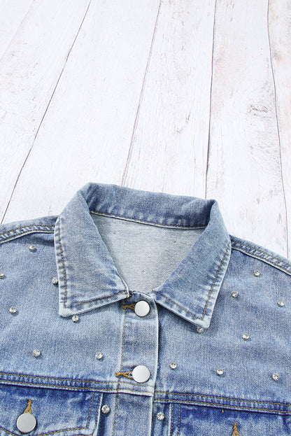 Mist Blue Rhinestones Studded Denim Jacket