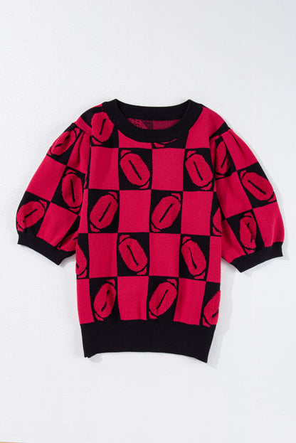 Red Rugby Checkered Color Block Puff Sleeve Knit Top