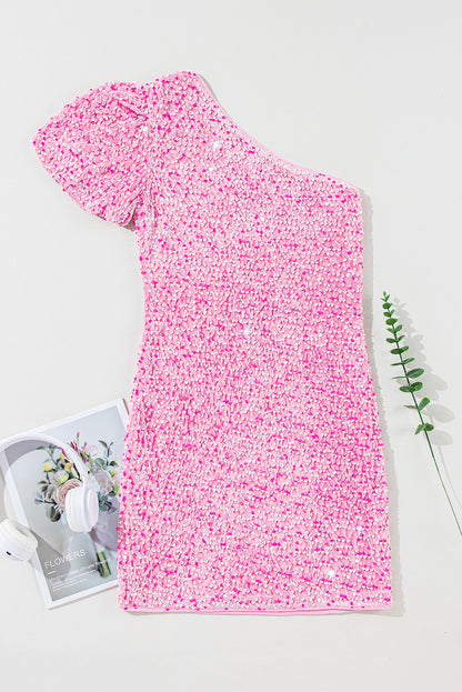 Pink Sequin One Shoulder Puff Sleeve Bodycon Mini Dress