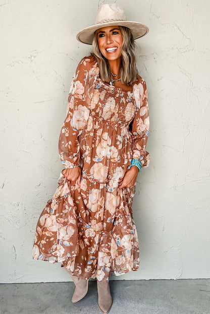 Brown Floral Print Shirred Square Neck High Waist Maxi Dress