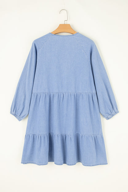 Beau Blue Puff Sleeve V Neck Tiered Ruffled Chambray Mini Dress