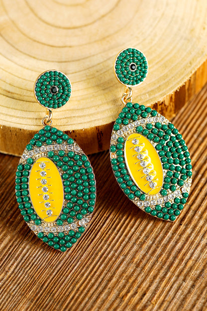 Dark Green Beaded Rhinestone Rugby Drop Earrings