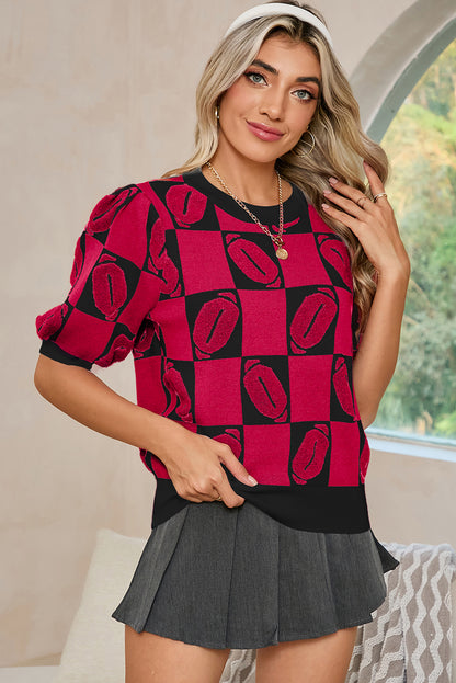 Red Rugby Checkered Color Block Puff Sleeve Knit Top