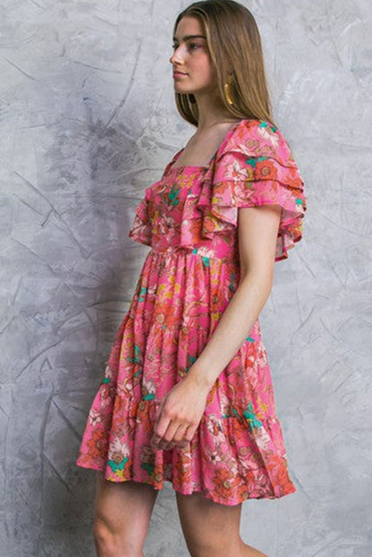 Pink Floral Square Neck Ruffle Sleeve Tiered Dress