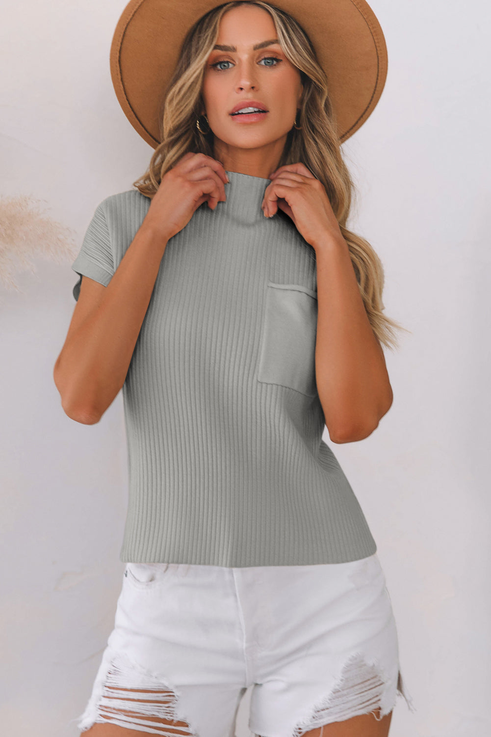 Gray Patch Pocket Ribbed Knit Short Sleeve Sweater