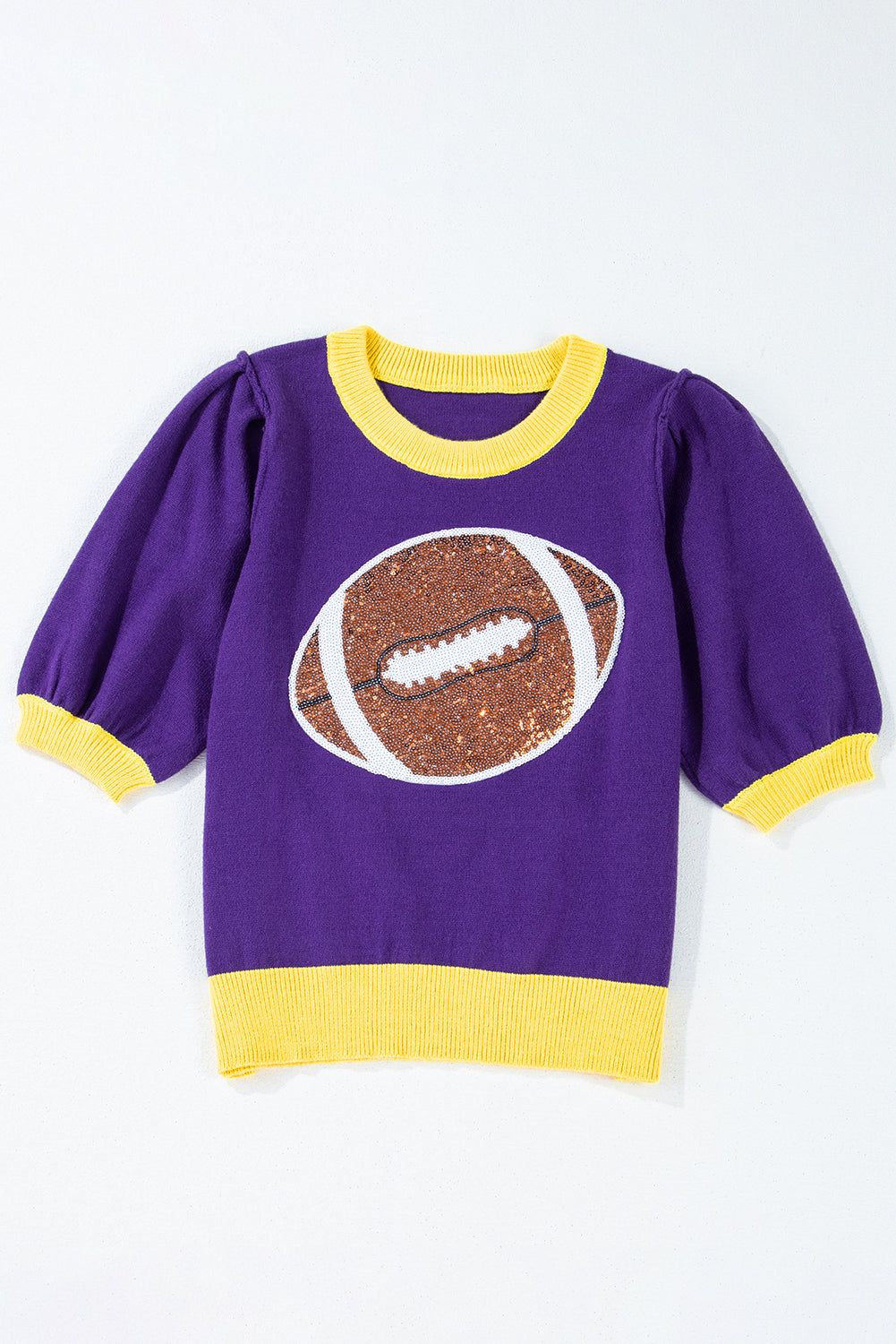 Purple Sequin Rugby Color Block Puff Sleeve Knit Top