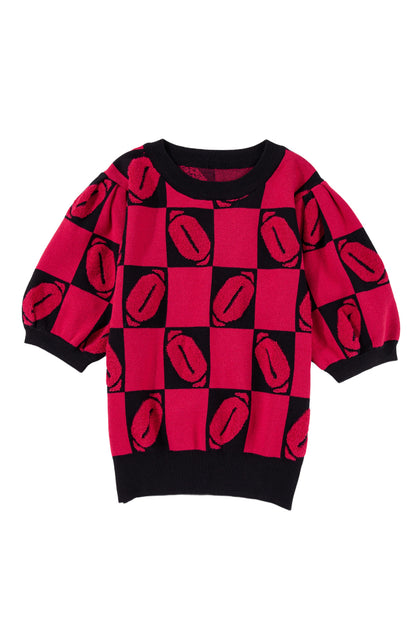 Red Rugby Checkered Color Block Puff Sleeve Knit Top