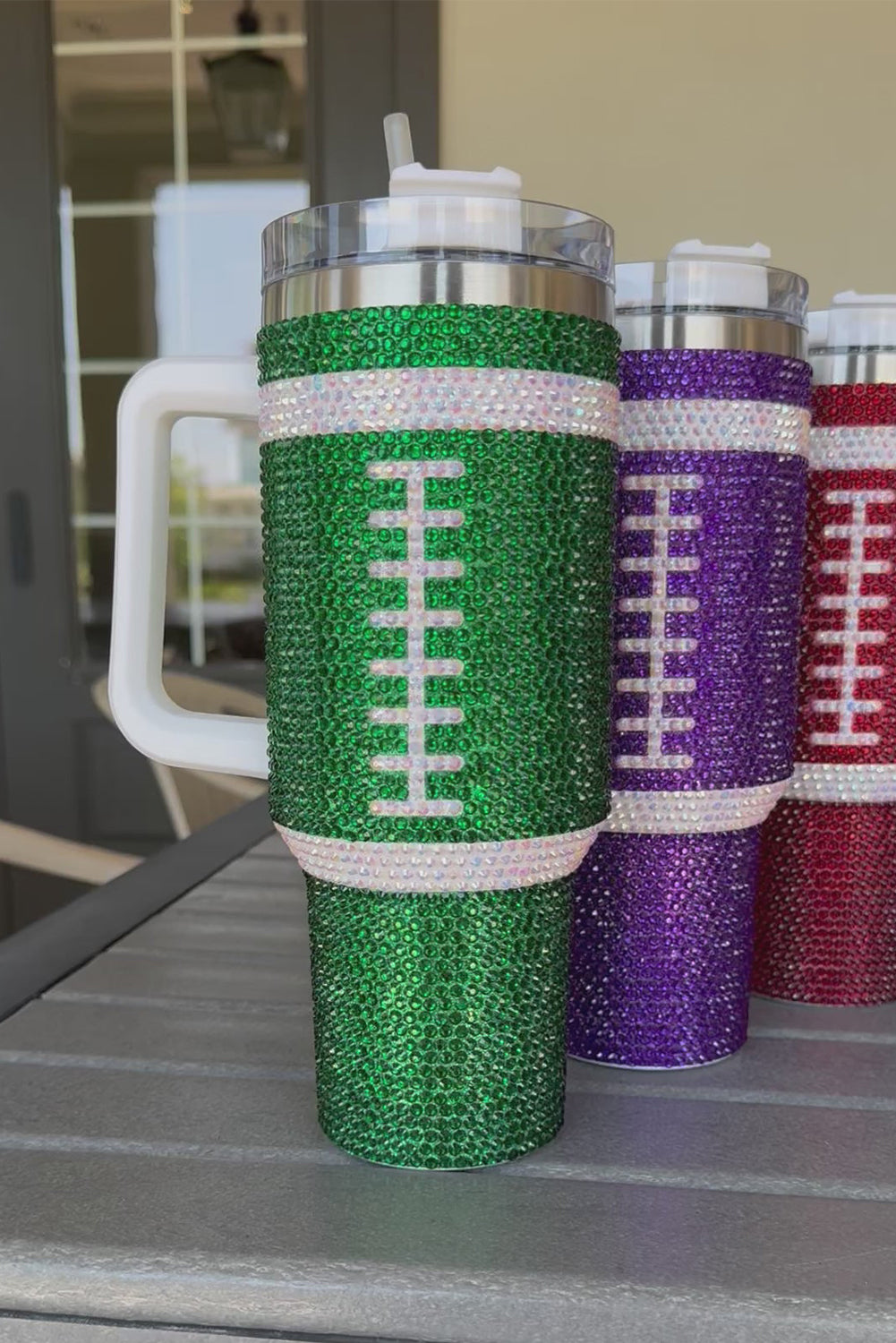 Dark Green 40oz Rhinestone Rugby Football Handle Vacuum Cup