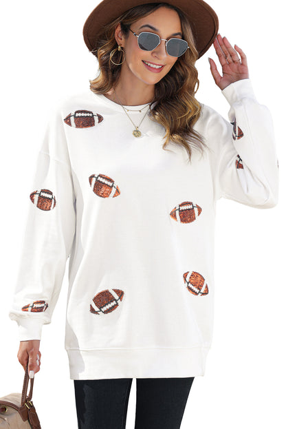 Beige Casual Football Print Round Neck Graphic Sweatshirt