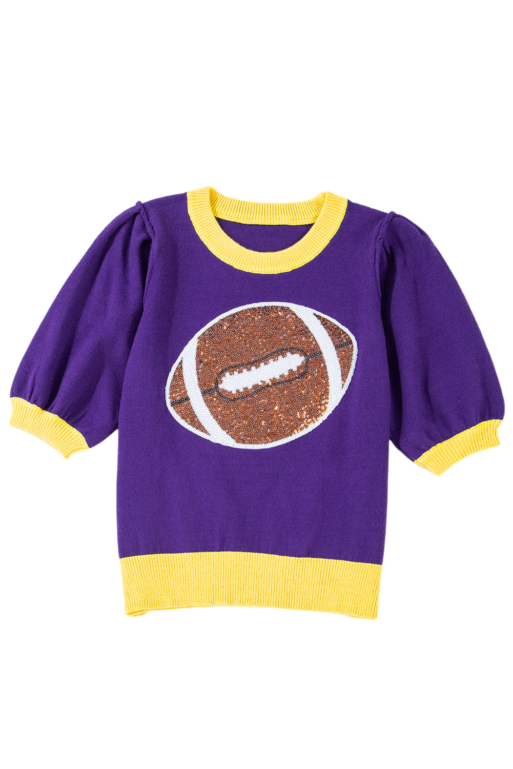 Purple Sequin Rugby Color Block Puff Sleeve Knit Top