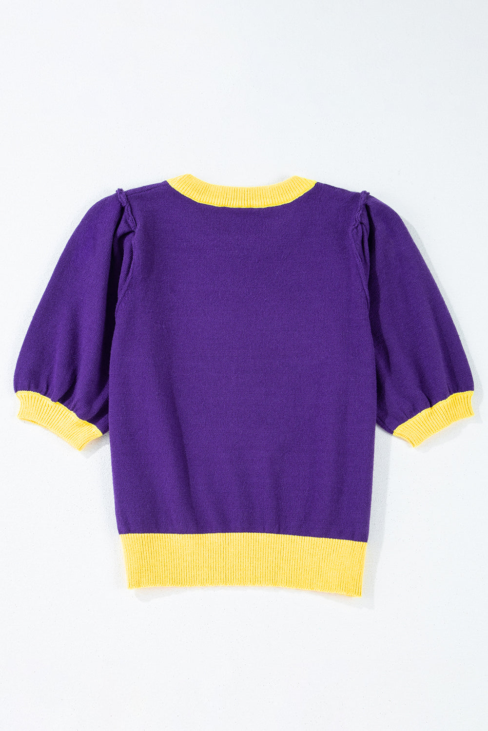 Purple Sequin Rugby Color Block Puff Sleeve Knit Top