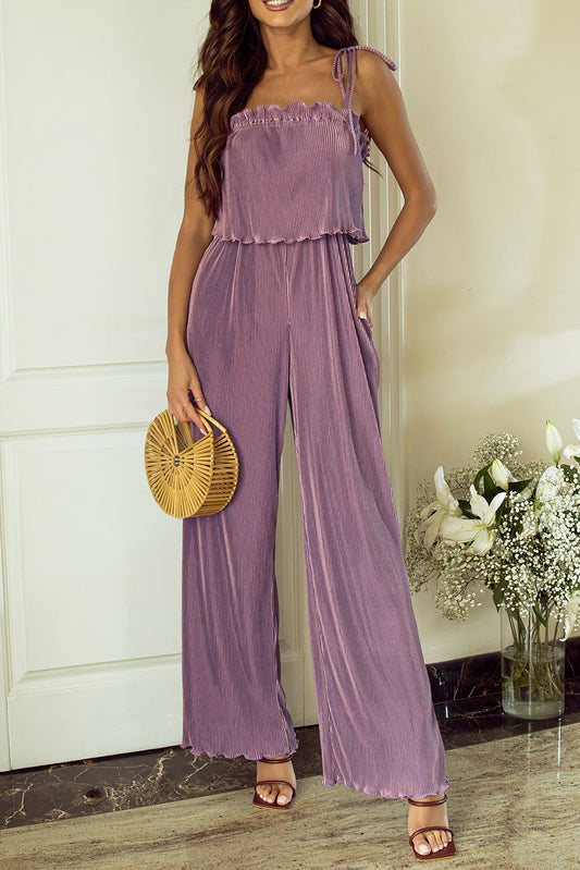 Rose Tan Solid Self Tied Straps Pleated Wide Leg Jumpsuit