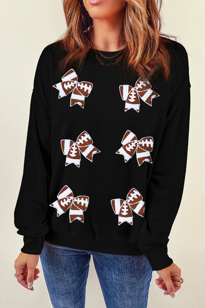 Black Rugby Bow Knot Graphic Crew Neck Sweatshirt