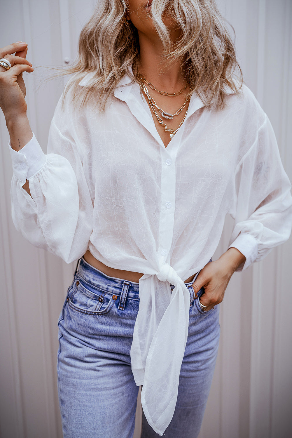 White Solid Knotted Front Loose Fit Sheer Shirt