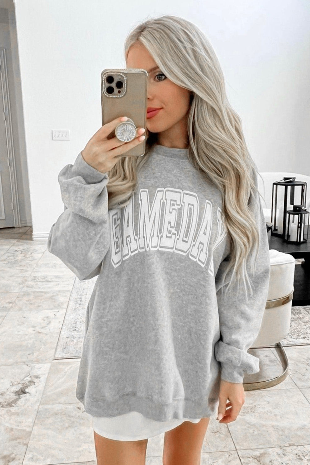 Gray Round Neck GAMEDAY Letter Graphic Sweatshirt