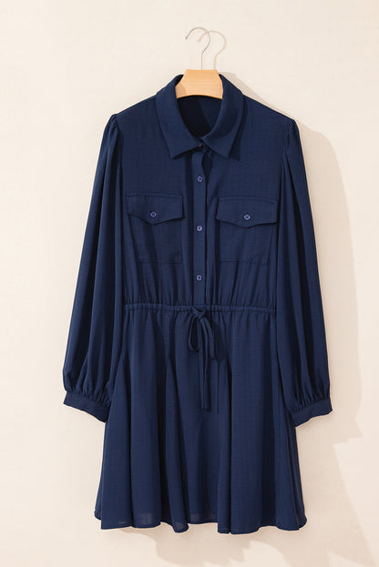 Navy Blue Solid Chest Pockets Tunic Shirt Mini Dress