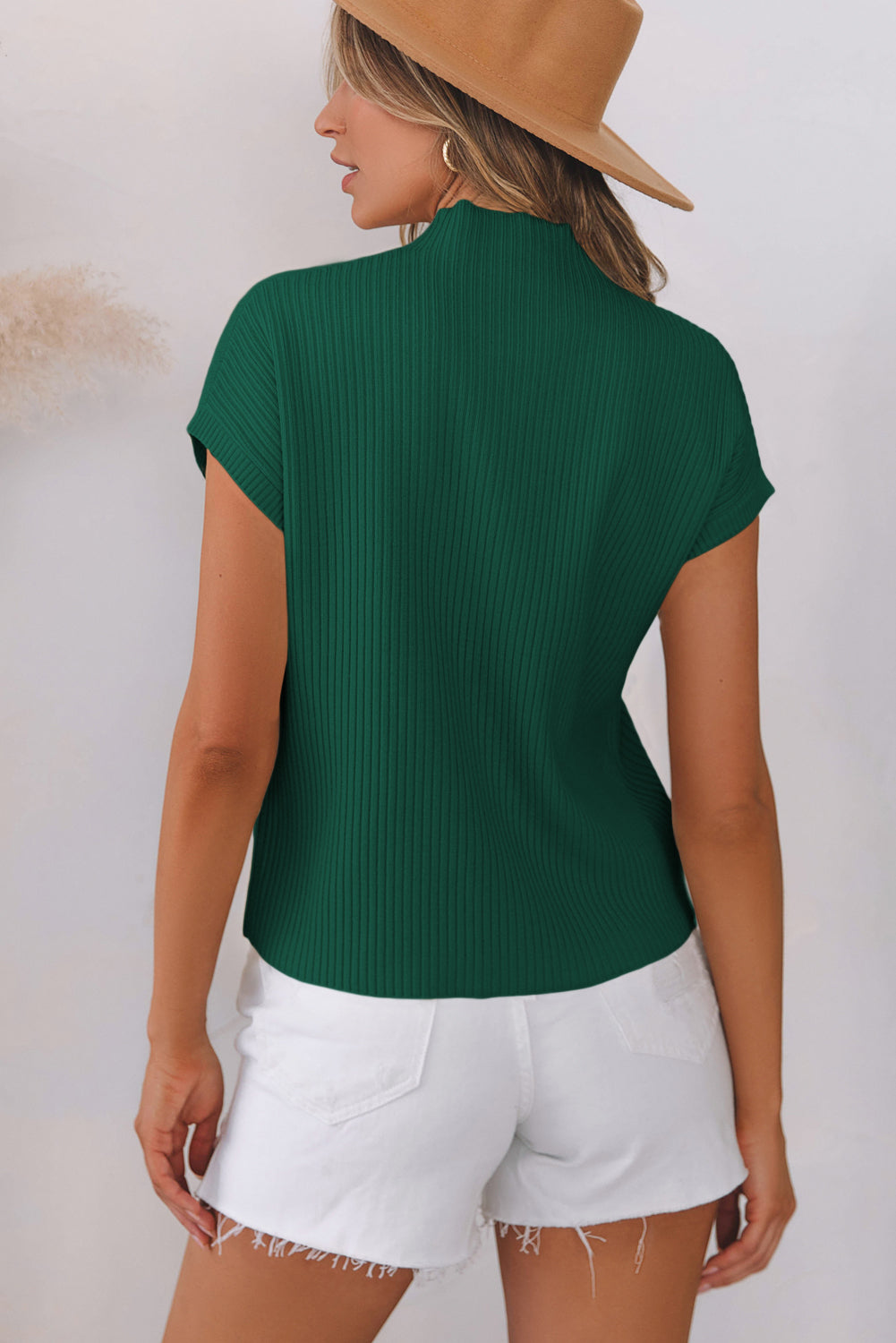 Blackish Green Patch Pocket Ribbed Knit Short Sleeve Sweater