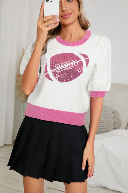 Purple Sequin Rugby Color Block Puff Sleeve Knit Top