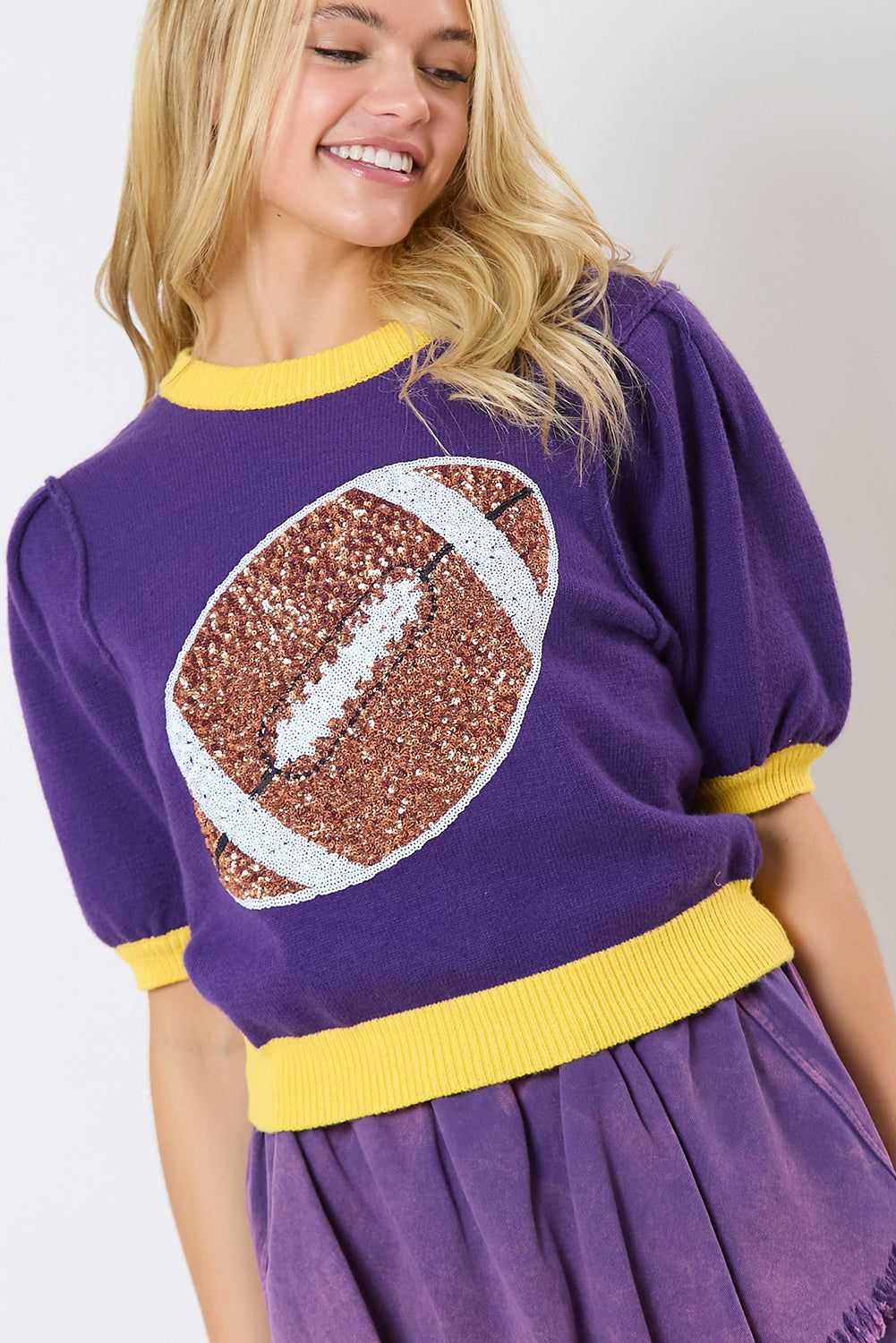 Purple Sequin Rugby Color Block Puff Sleeve Knit Top