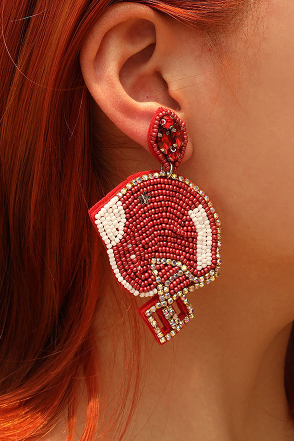 Fiery Red Game Day Rice Beaded Rugby Helmet Dangle Earrings